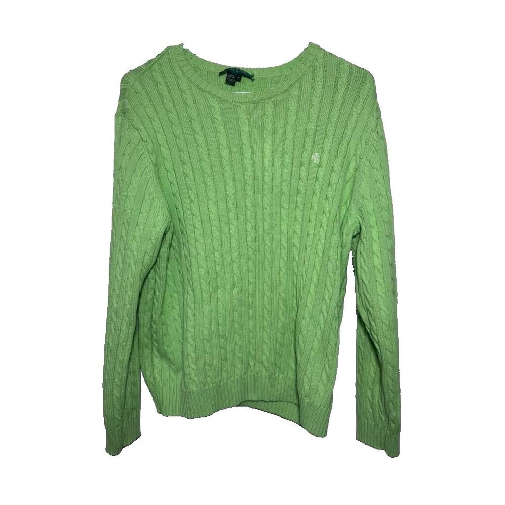 Lauren Ralph Lauren Cable Knit Sweater Women 2X Green Cotton Crewneck